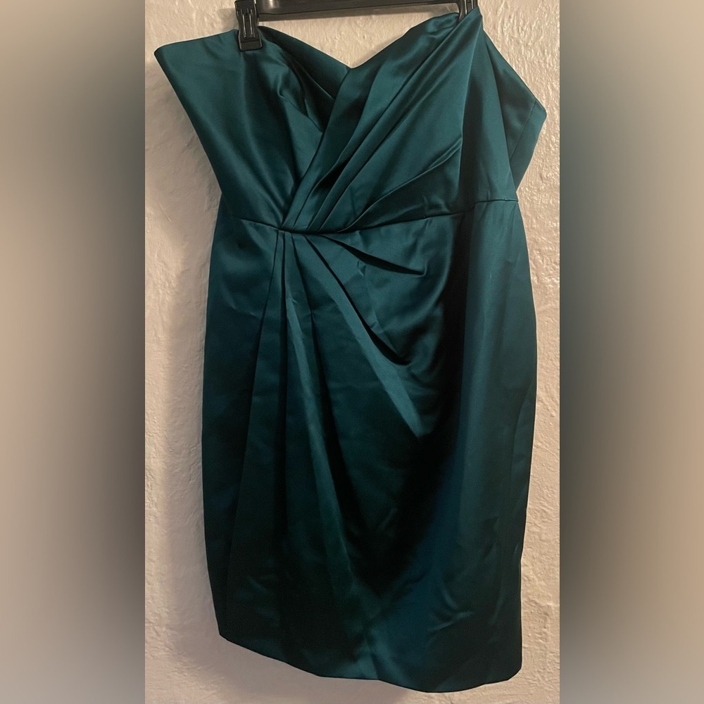 David's Bridal strapless knee length satin dress, emerald green ruched bodice;20